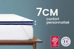 Surmatelas Mello Réversible 7 cm avec deux faces de confort : une face moelleuse en mémoire de forme et une face ferme en mousse haute résilience, adapté aux dormeurs indécis.