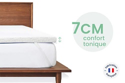 Surmatelas en mousse haute résilience Mello Ferme, conçu pour renforcer le soutien d’un matelas trop mou et soulager les tensions dorsales.